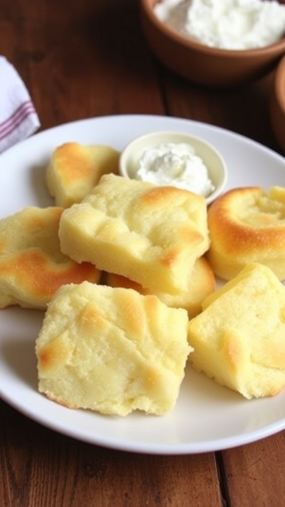 Cottage Cheese Cloud Bread Recipe Fluffy cloud bread made with cottage cheese, served on a plate with a bowl of cottage cheese.